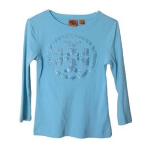 Tory Burch light blue rhinestone logo top (M)